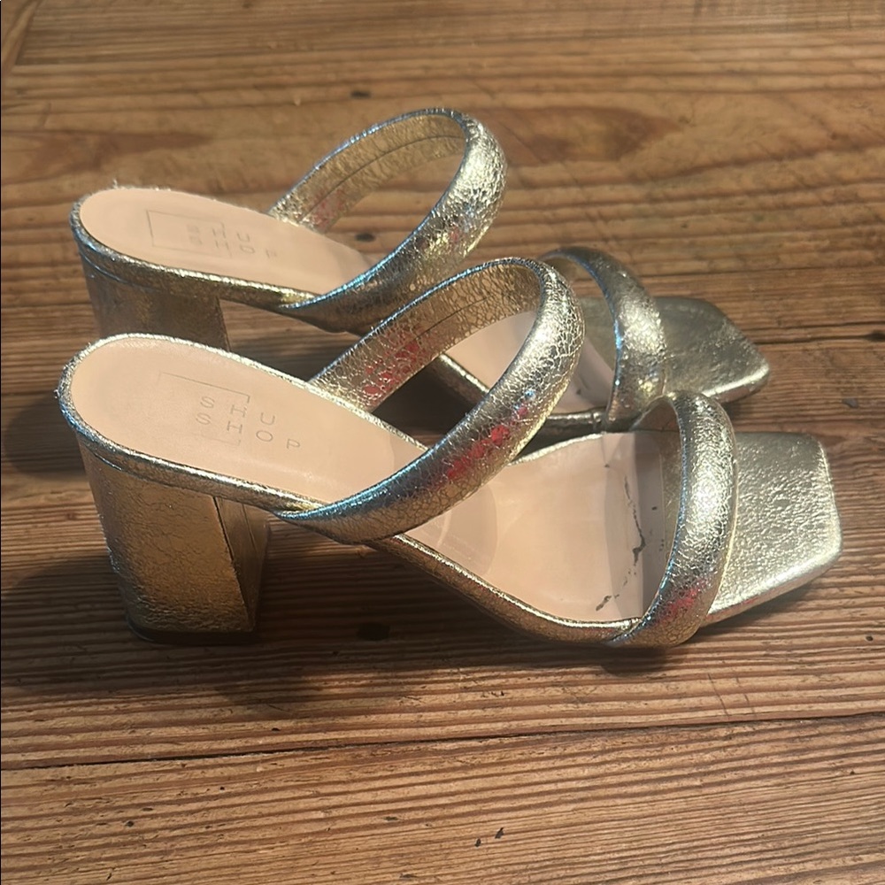 ShuShop Gold Metallic Heels with Twisted Straps